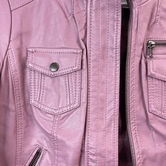 Womens Mauve Faux Leather Jacket With Zipper Pockets & Snap Closures Size S - Picture 4 of 10
